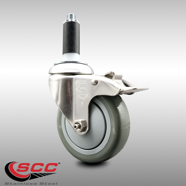 4 Inch 316SS Gray Poly Swivel 1-1/8 Inch Expanding Stem Caster Lock Brake SCC